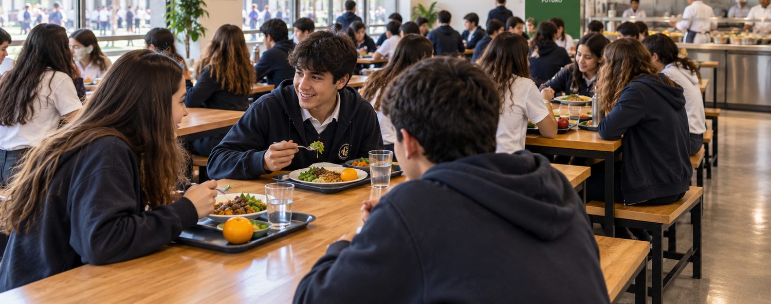 Comedor escolar en hora de almuerzo, con bandejas servidas en las mesas