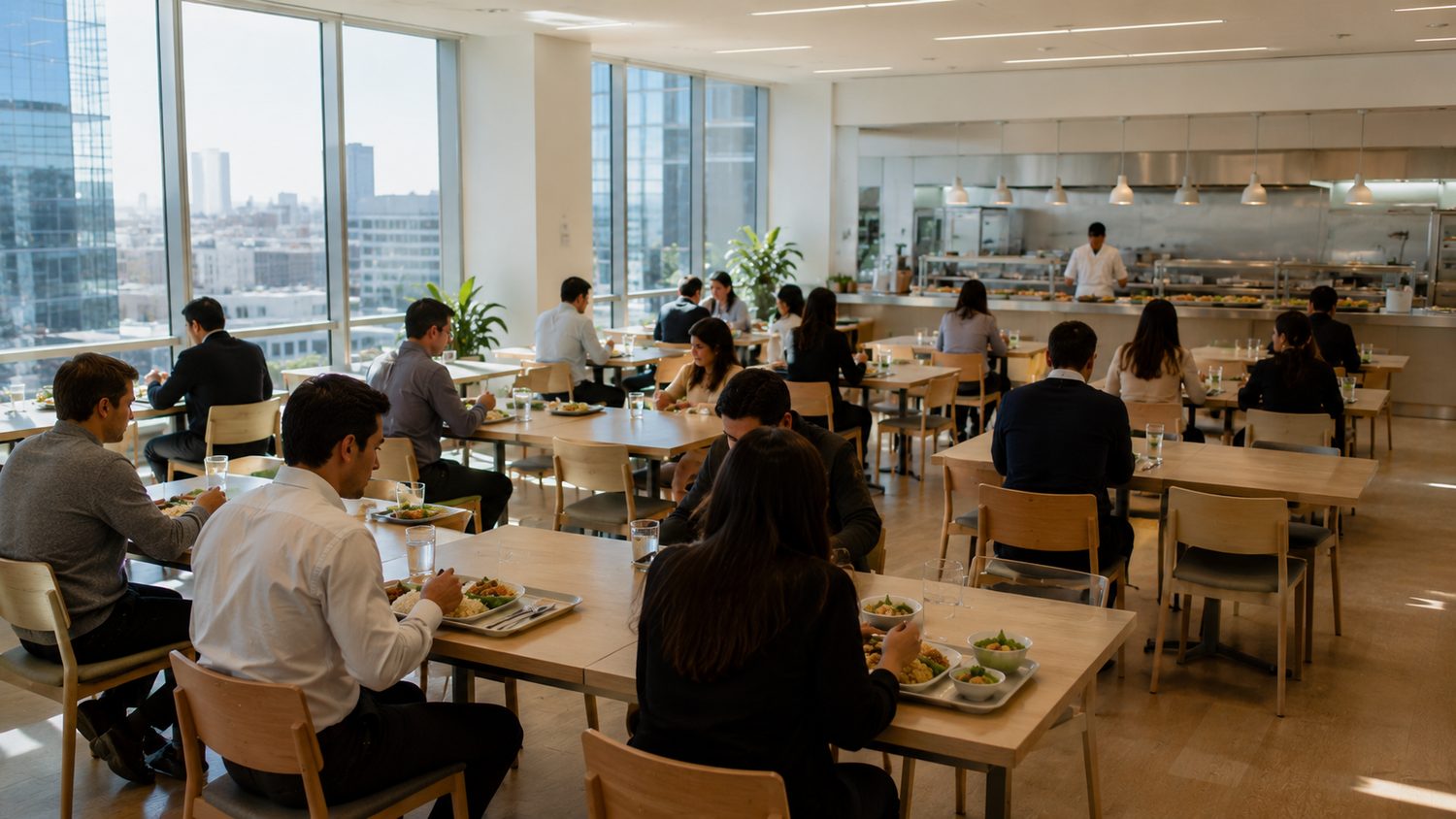 Comedor corporativo en hora de almuerzo, con línea de servicio al fondo