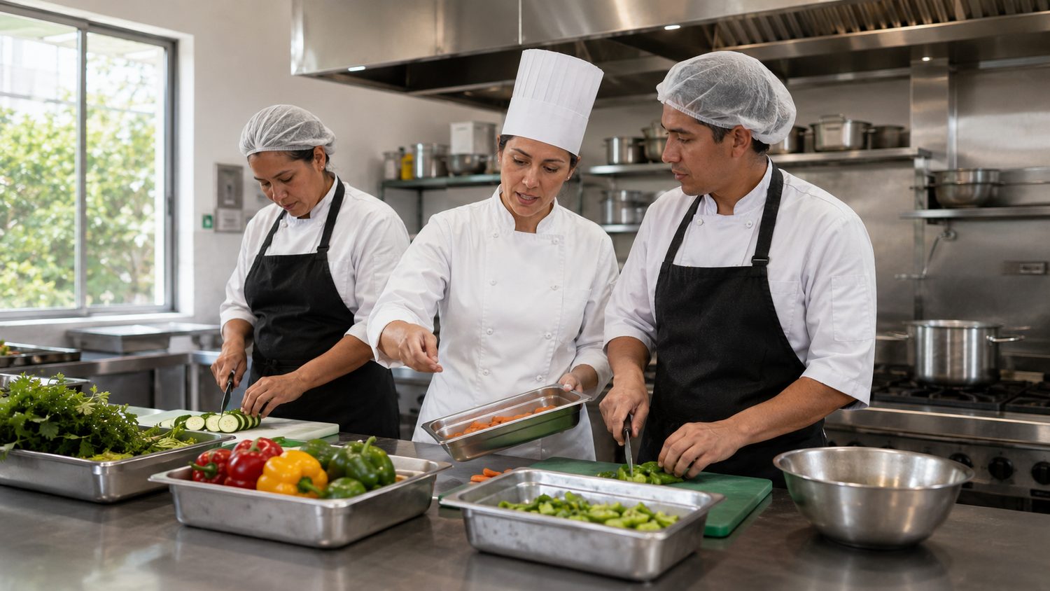 Equipo de cocina preparando verduras en la cocina del casino