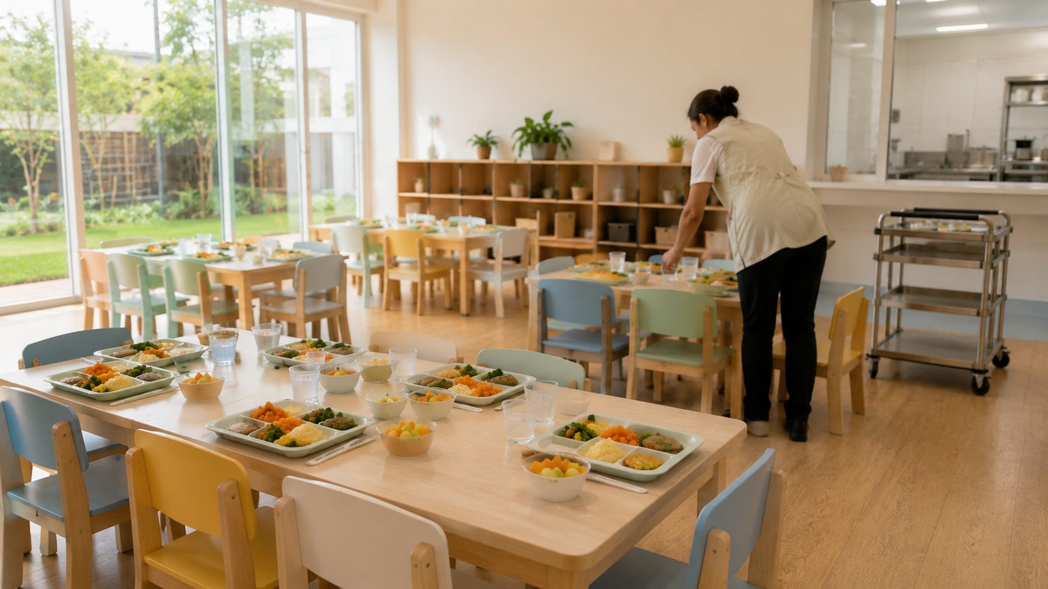Comedor de jardín infantil montado, con bandejas de porciones adaptadas por niño